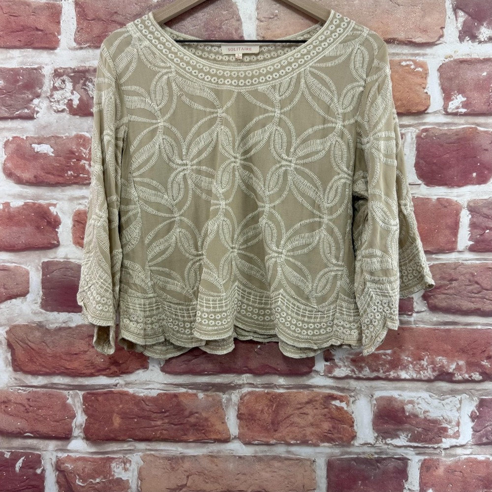 Anthropologie Solitaire Crop Top Women's Large Tan Boho Floral Embroidered Shirt